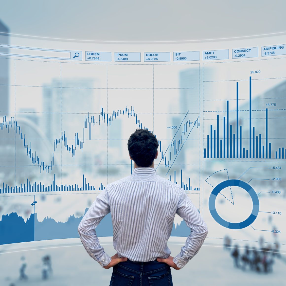 Finance Trade Manager Analysing Stock Market Indicators For Best Investment Strategy, Financial Data And Charts With Business Buildings In Background