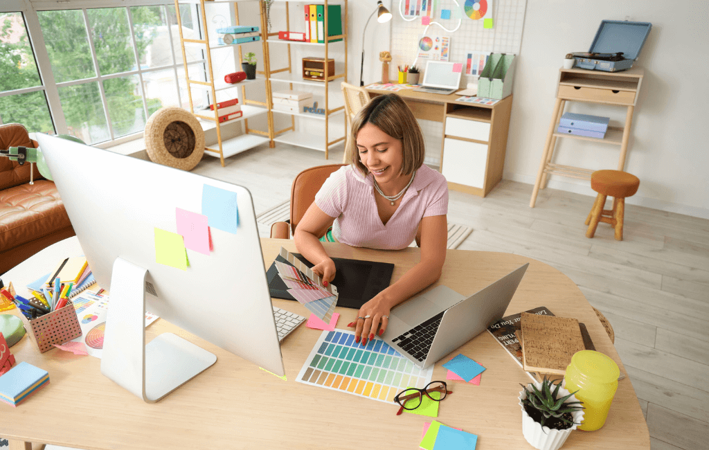 Woman running a home-based business from her home office workspace.