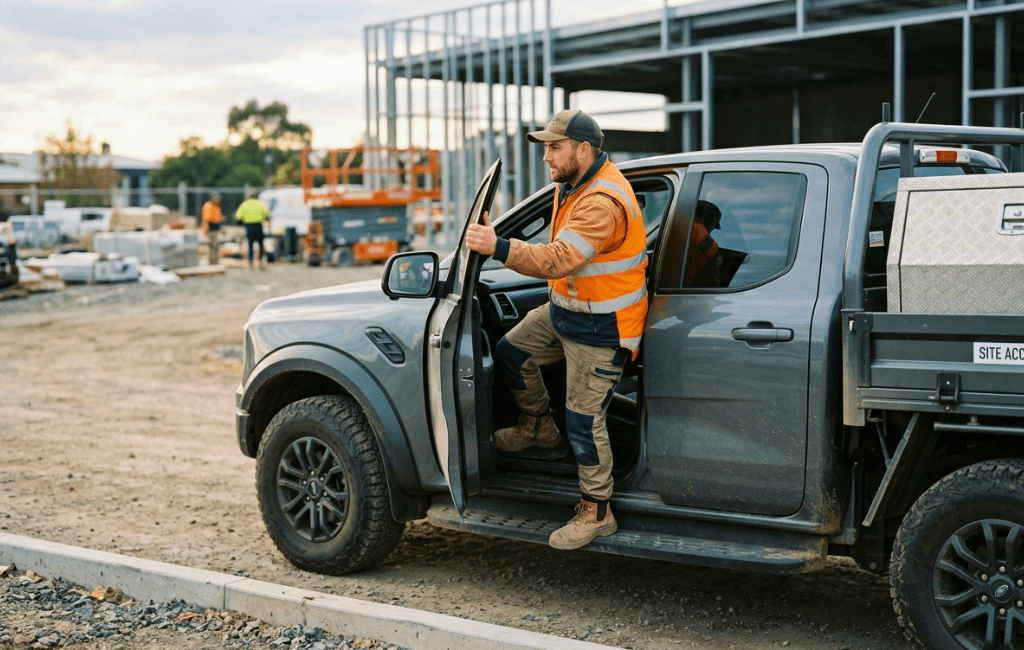 work vehicle FBT compliance showing tradie using ute on construction site for business and private use considerations