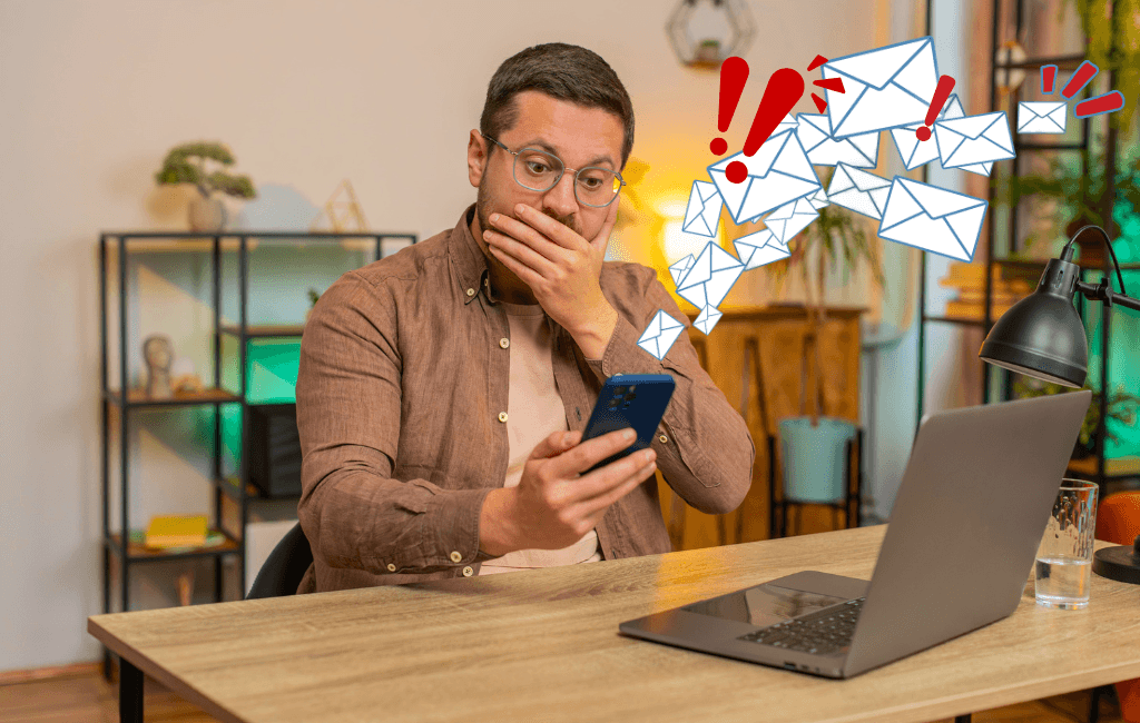 Business owner looking concerned while checking a suspicious message on a smartphone, illustrating tax scam awareness and online scam protection.